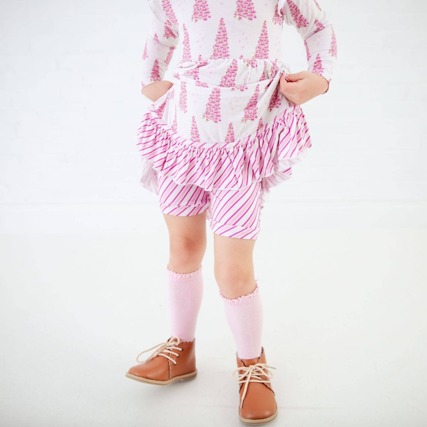 All Spruced Up Girls Bamboo Dress Ruffle Pocket Twirler and Shorts Set - Pink