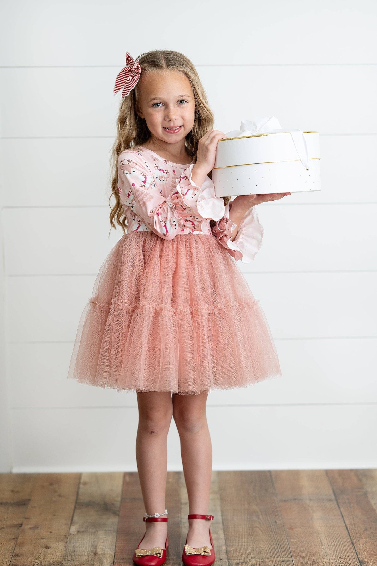 Pink Reindeer Tulle Ruffle Sleeve Holiday Dress