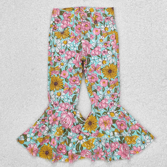 Denim Floral Bell Bottom Jeans