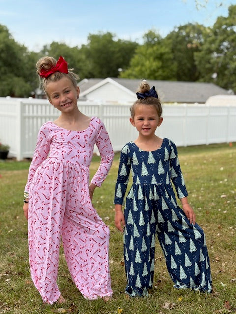 All Spruced Up Christmas Trees Bamboo Girl's Leggy Romper - Navy