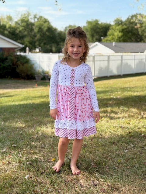 Candy Cane Lane Christmas Bamboo Long Sleeve Whimsy Dress - Pink