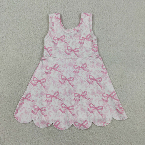 Pink Floral Bow Athletic Dress With Scalloped Hem