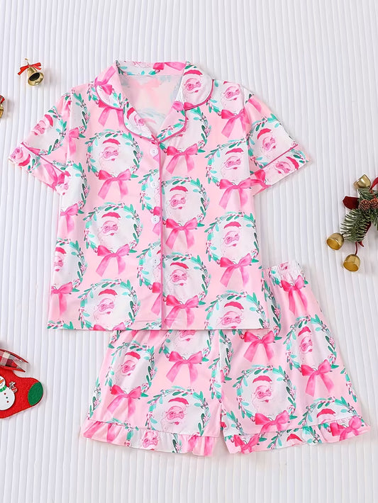 Pink Santa Bow Two Piece Pajama Set