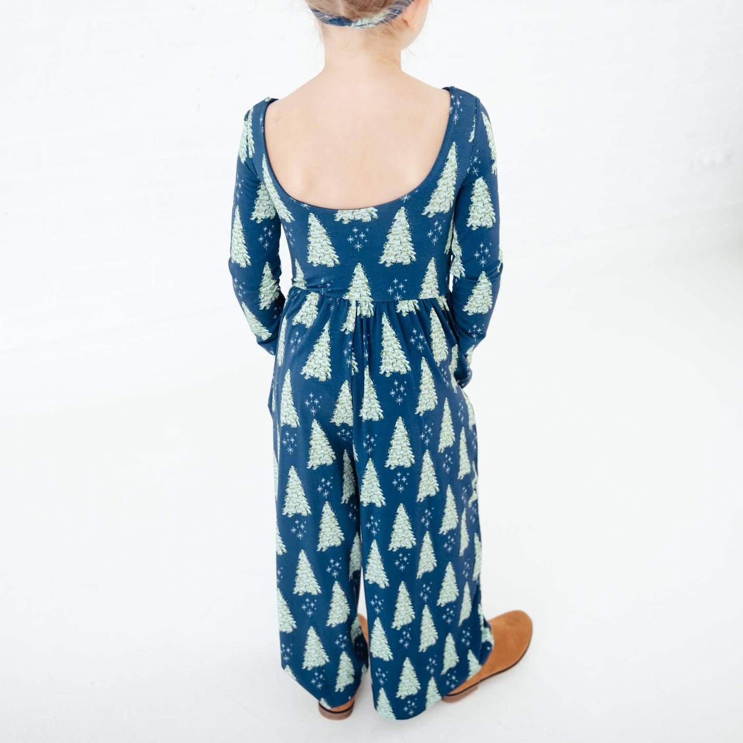 All Spruced Up Christmas Trees Bamboo Girl's Leggy Romper - Navy