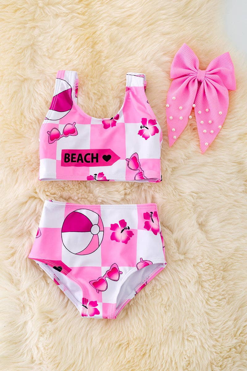 Pink & white checker printed girls swimsuit