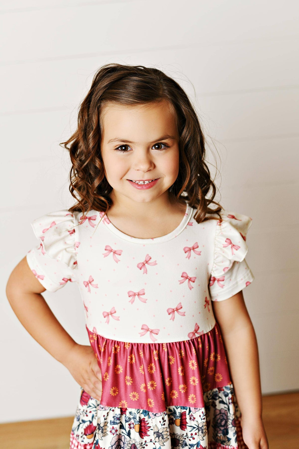 Girls Fall Ava Twirly Petals Floral Tiered Bow Dress