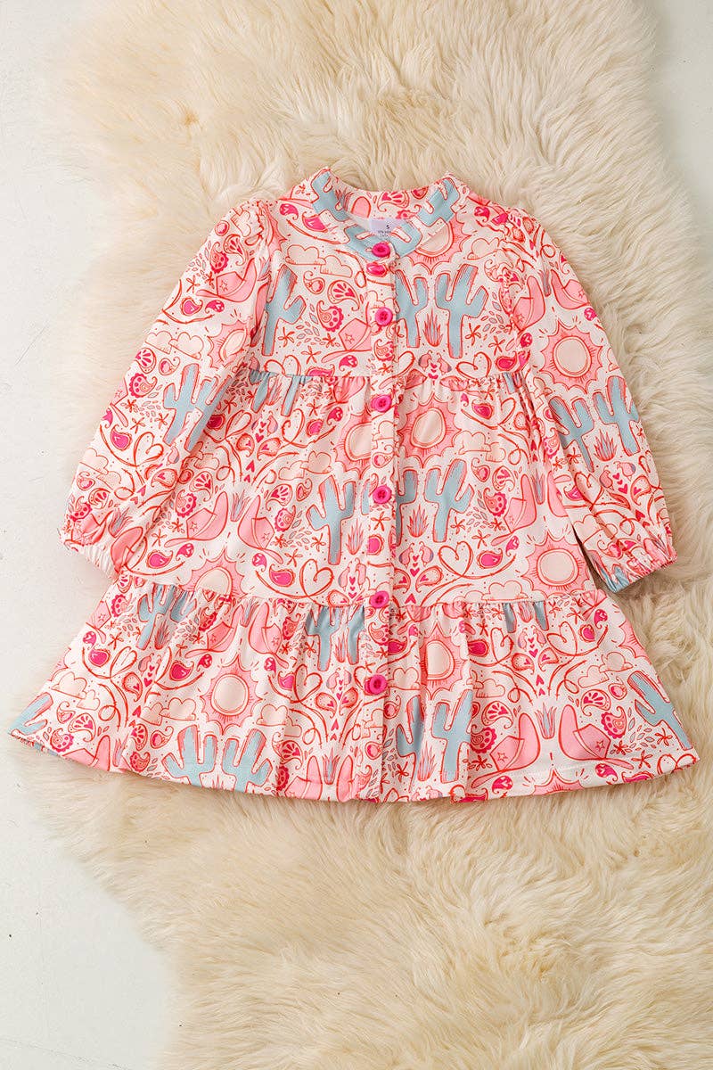 Desert Cactus Long Sleeve Girls Button Up Dress