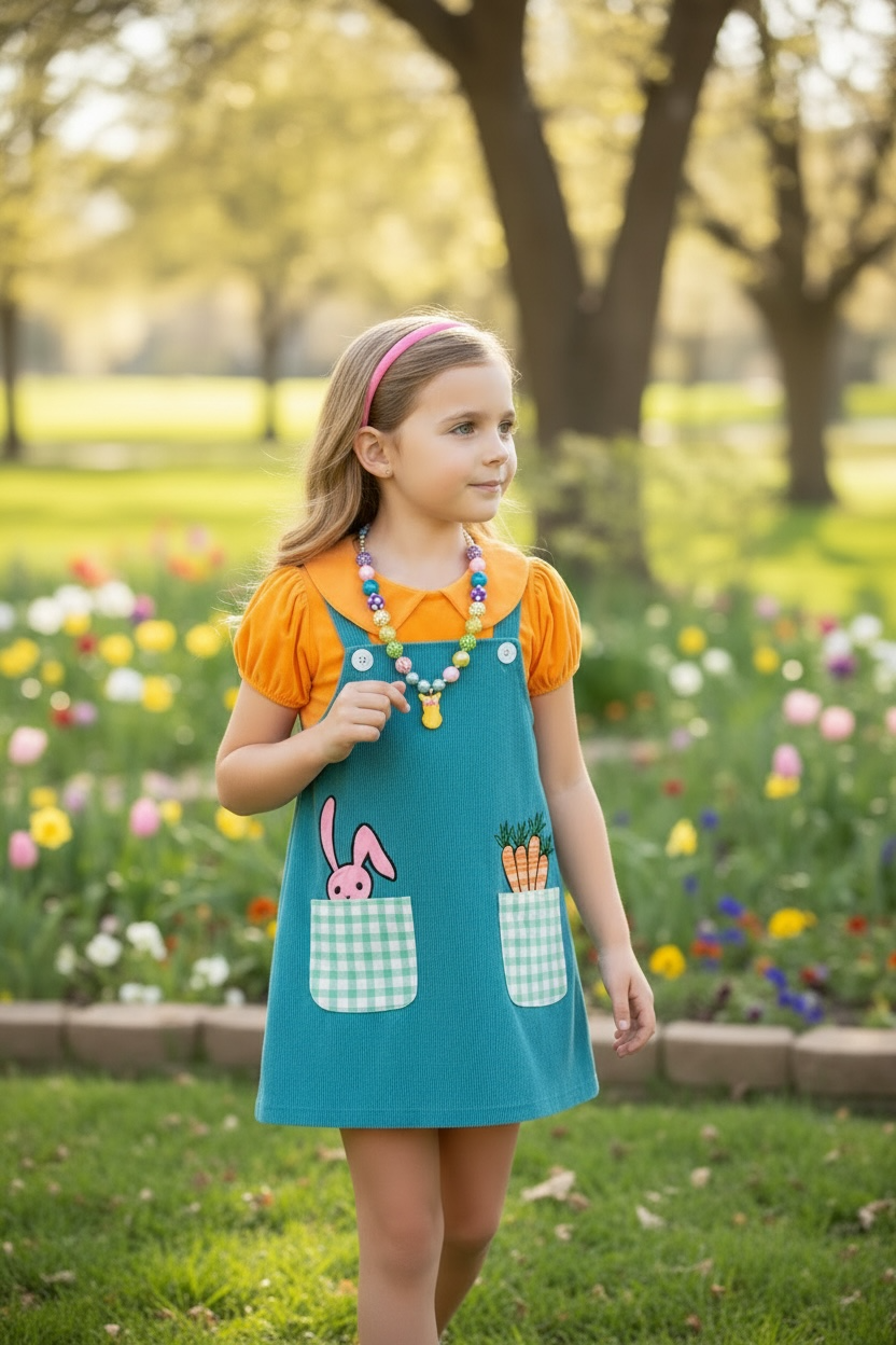 Teal Easter overall dress with orange bubble shirt.