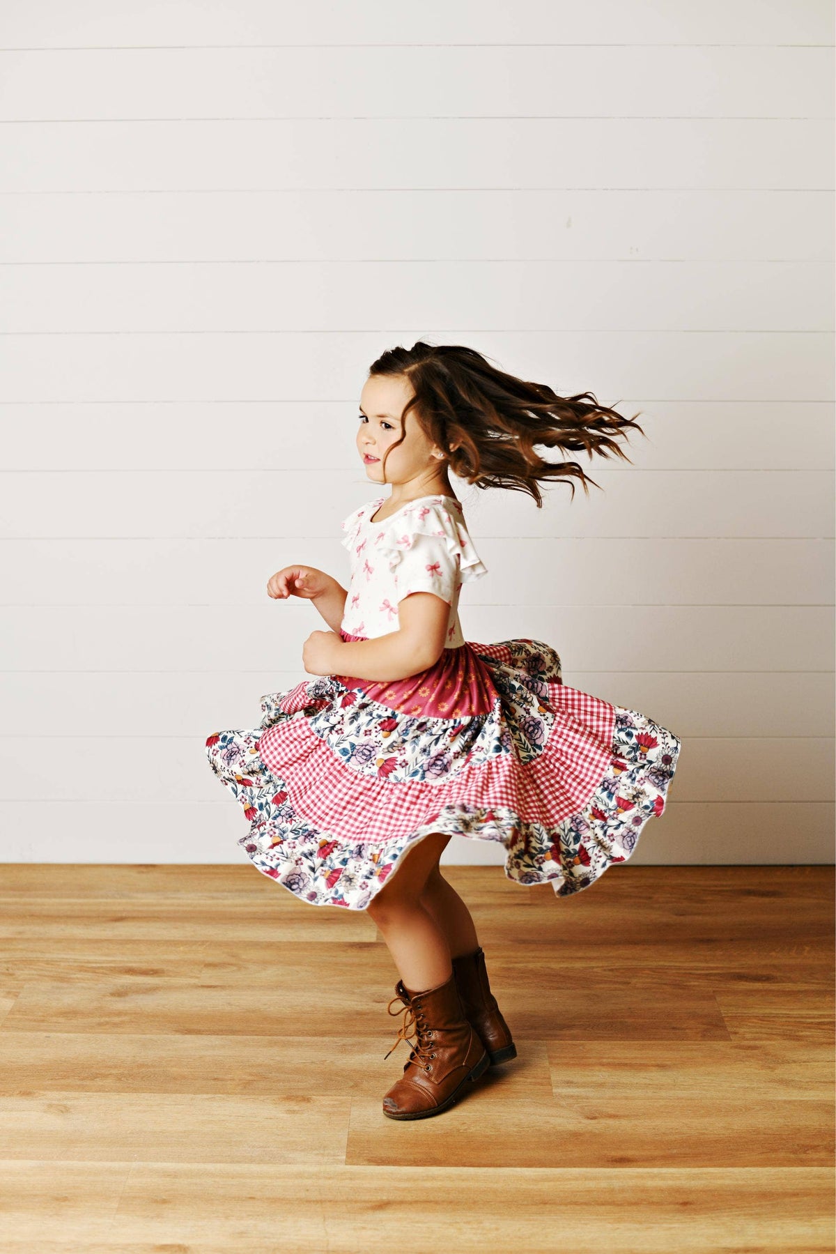 Girls Fall Ava Twirly Petals Floral Tiered Bow Dress