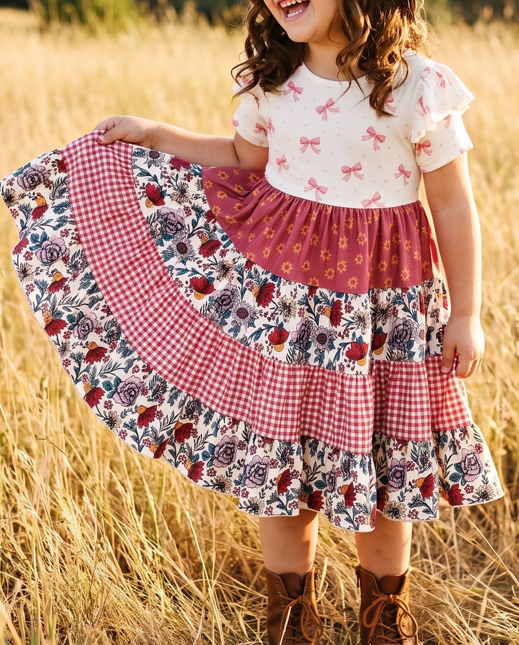 Girls Fall Ava Twirly Petals Floral Tiered Bow Dress