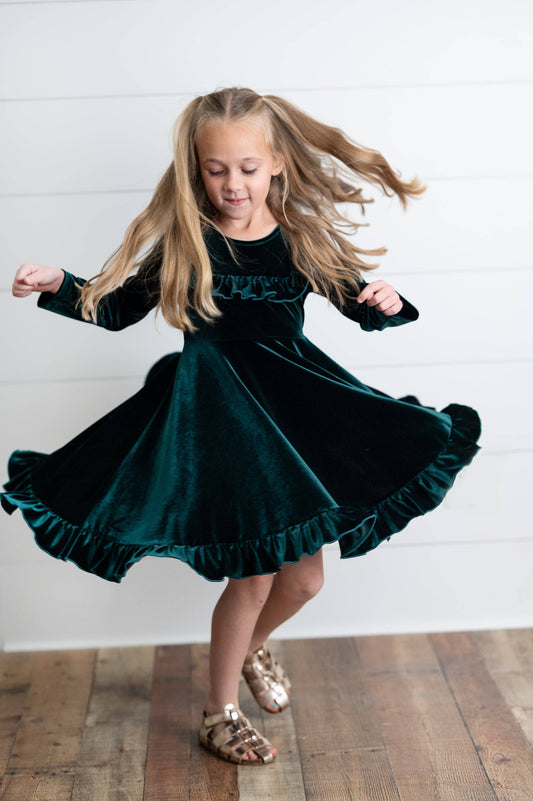 Emerald Green Velvet Ruffle Fancy Christmas Party Dress