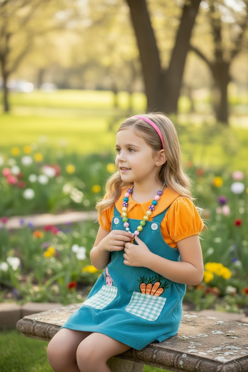Teal Easter overall dress with orange bubble shirt.