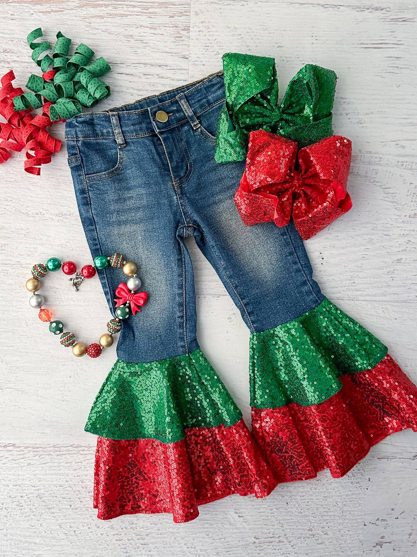 Festive Sparkle Denim Bell Bottoms