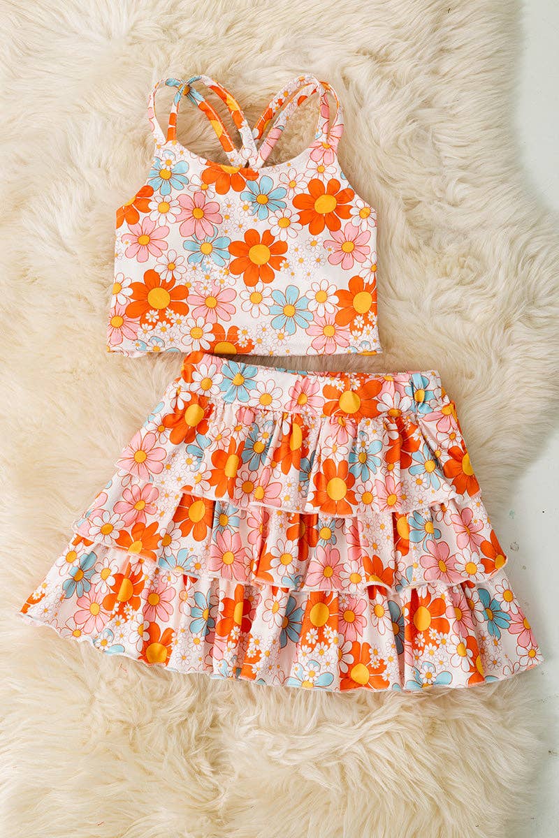Orange Floral Printed Crop Top & Ruffle Skort