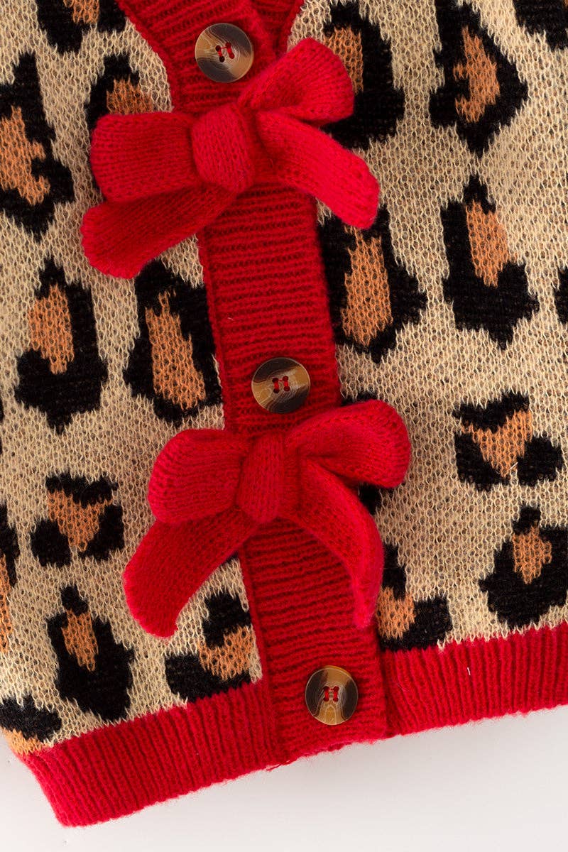 Animal Printed Knit Sweater With Red Trim & Bows
