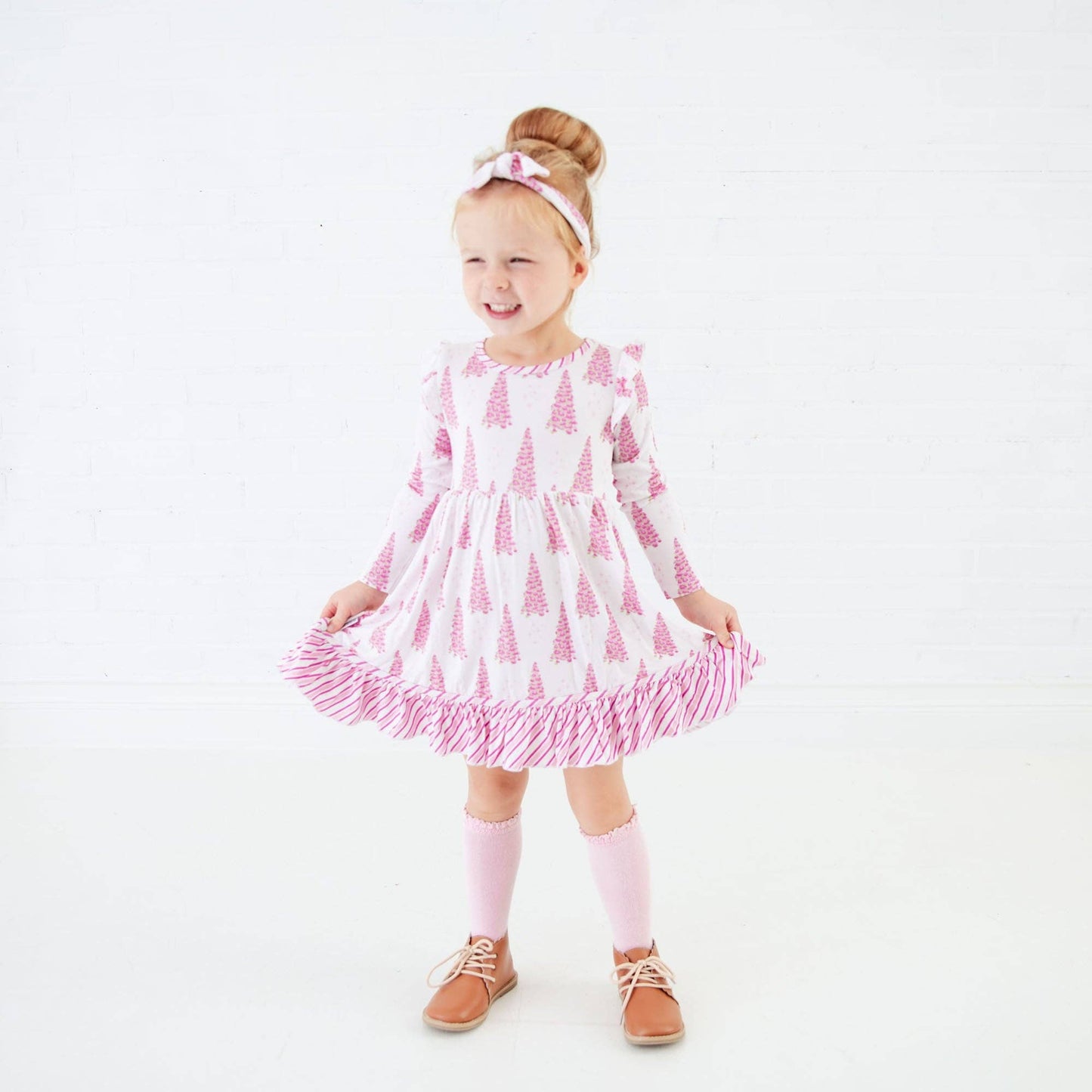 All Spruced Up Girls Bamboo Dress Ruffle Pocket Twirler and Shorts Set - Pink