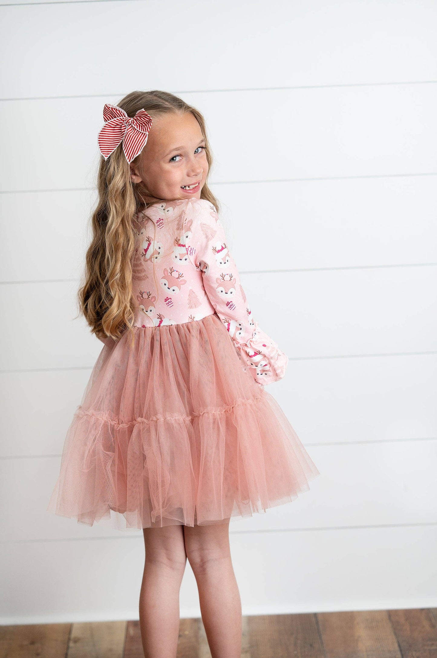 Pink Reindeer Tulle Ruffle Sleeve Holiday Dress
