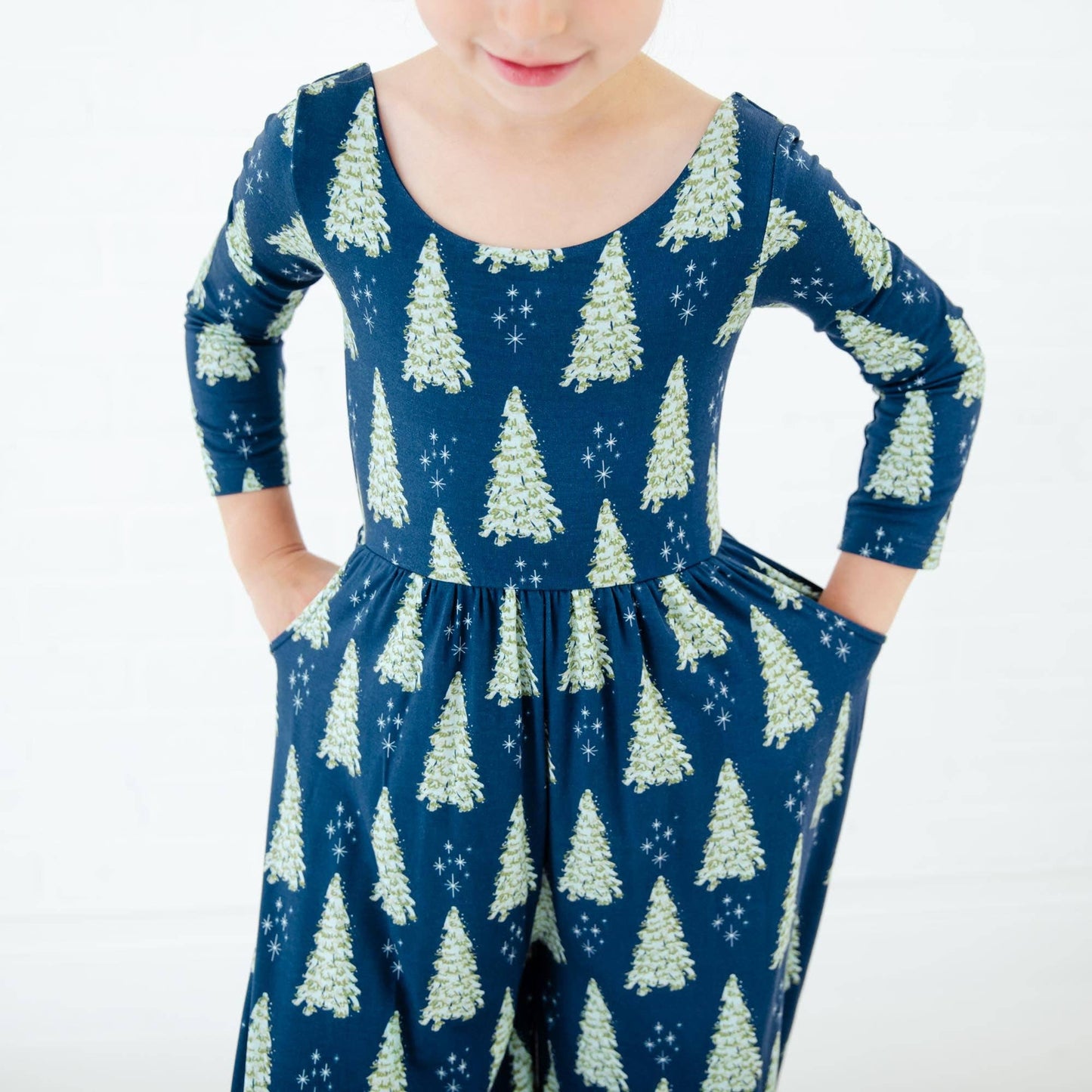 All Spruced Up Christmas Trees Bamboo Girl's Leggy Romper - Navy