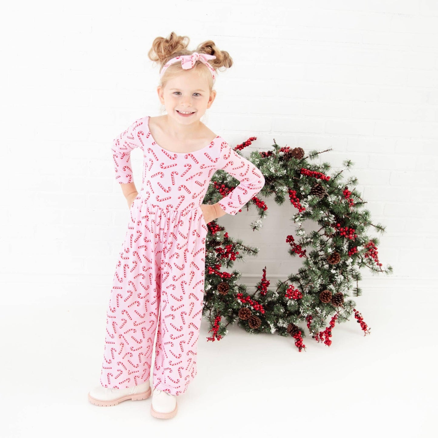 Candy Cane Lane Christmas Bamboo Girl's Leggy Romper - Pink