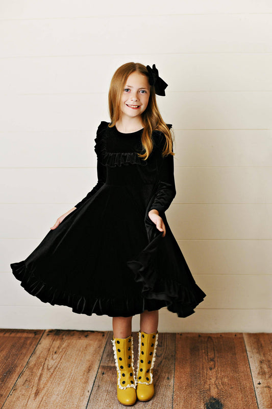 Black Velvet Ruffle Fancy Winter Christmas Party Dress