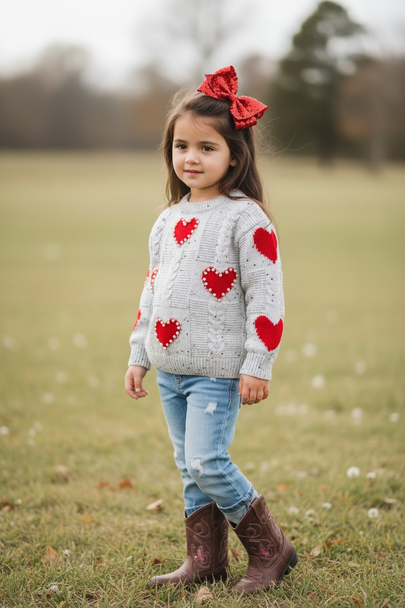 Heart Knit Sweater with Pressed Pearls