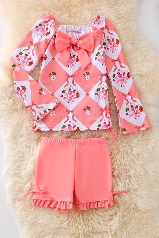 Strawberry printed long sleeve top with front side bow & swim shorts.