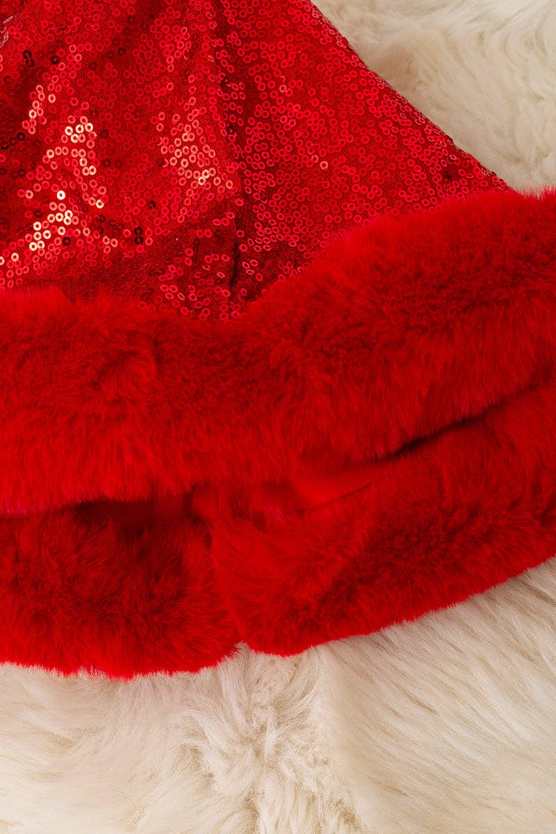 Red sequins skirt with faux fur trim