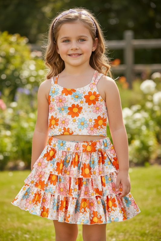 Orange Floral Printed Crop Top & Ruffle Skort