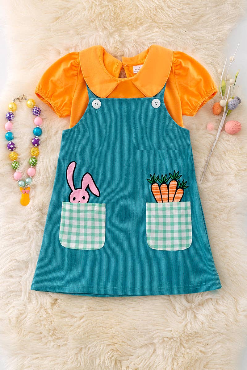 Teal Easter overall dress with orange bubble shirt.