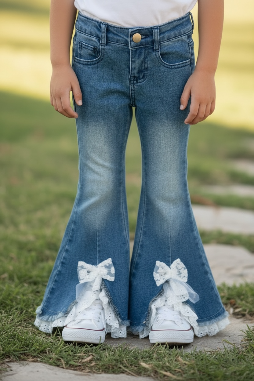 Lt. Blue denim pants with front bow opening.