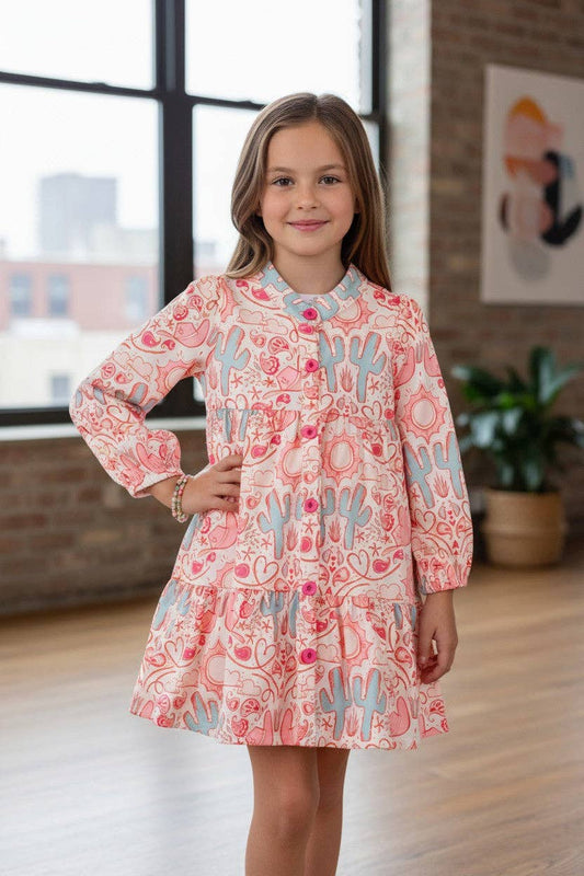 Desert Cactus Long Sleeve Girls Button Up Dress