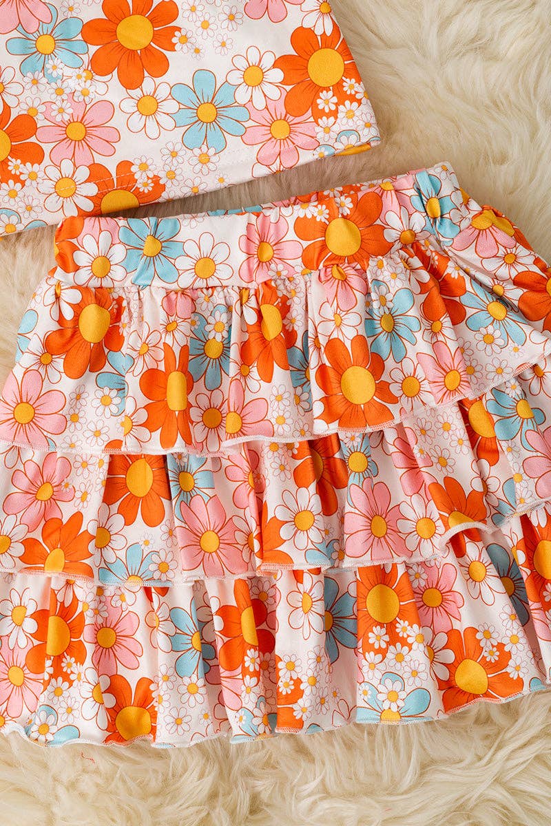 Orange Floral Printed Crop Top & Ruffle Skort
