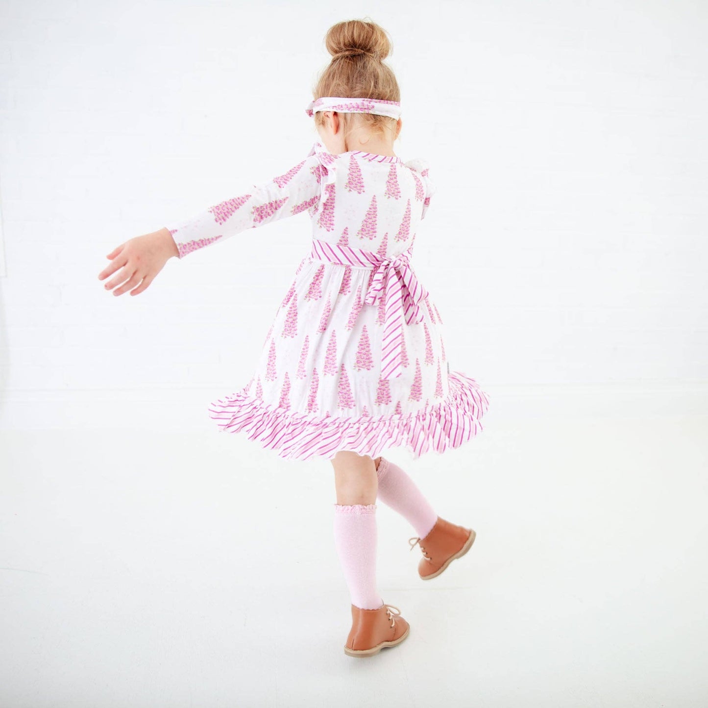 All Spruced Up Girls Bamboo Dress Ruffle Pocket Twirler and Shorts Set - Pink