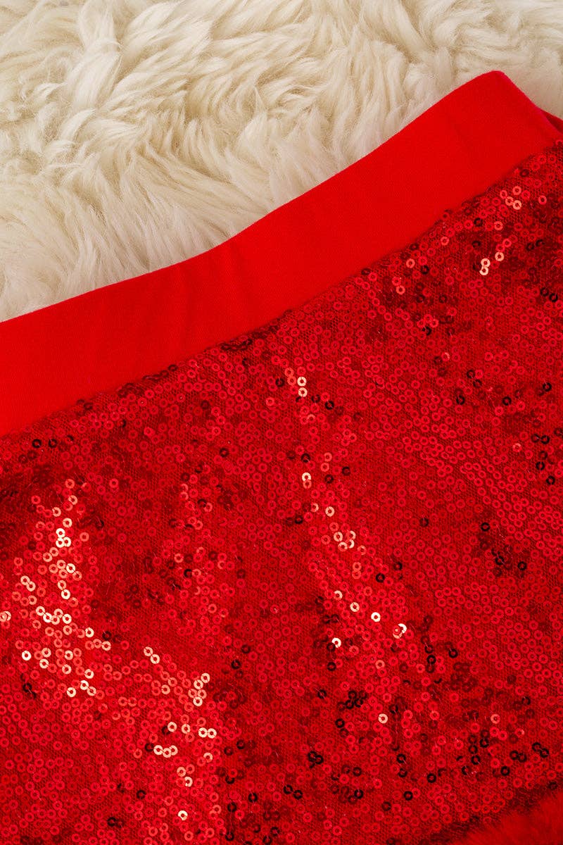 Red sequins skirt with faux fur trim