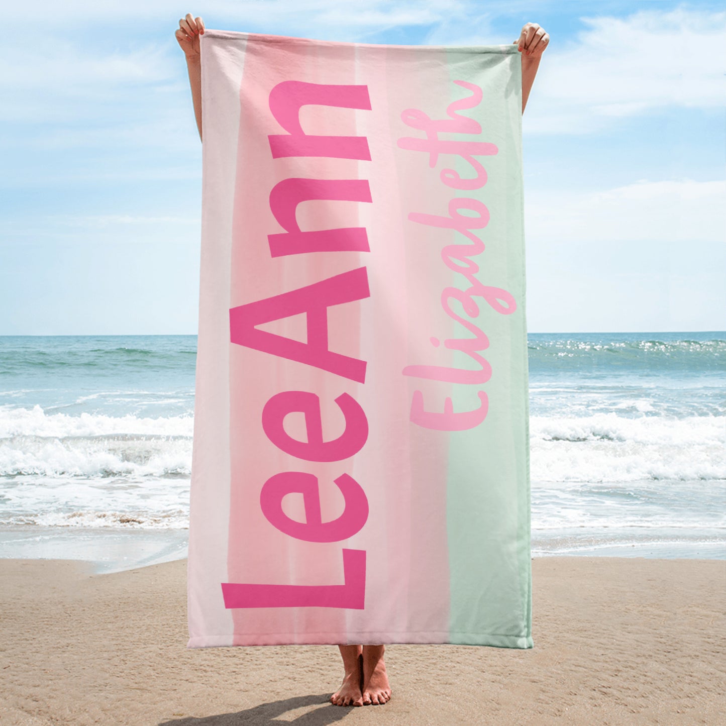 Pink and Green Personalized Beach Towel